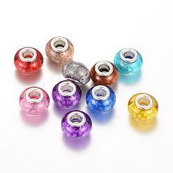 Mixed Color Resin European Beads, Large Hole Beads, with Silver Color Plated Brass Cores, Rondelle, Mixed Color, 14x9~9.5mm, Hole: 5mm
