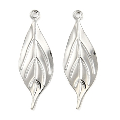 Real Platinum Plated Brass Pendants, Leaf Charms, Real Platinum Plated, 30x10x0.7mm, Hole: 1.2mm