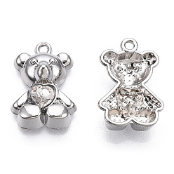Platinum Alloy Pendants, with Glass, Bear with Heart Charm, Cadmium Free & Nickel Free & Lead Free, Platinum, 20.5x14x5.5mm, Hole: 1.6mm