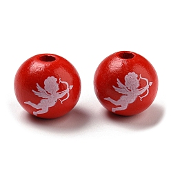 Angel & Fairy Printed Wood Beads, Valentine's Day Round Beads, Red, Angel & Fairy, 16mm, Hole: 3~4.4mm