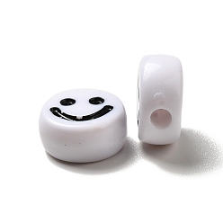 Blanco Abalorios de acrílico opacos, plano redondo con patrón de cara sonriente, blanco, 10x5 mm, agujero: 2 mm, Sobre 1450 unidades / 500 g
