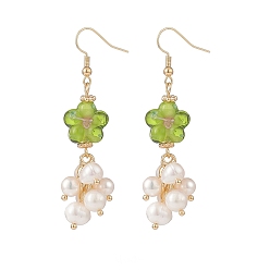 Vert Jaune Fleur au chalumeau avec boucles d'oreilles pendantes en perles naturelles, boucles d'oreilles pendantes en laiton pour femmes, vert jaune, 59mm, pin: 0.9 mm