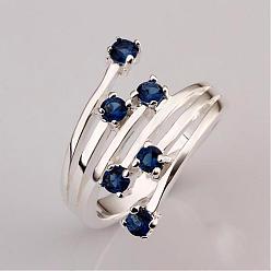 Prussian Blue Simple Fashion Style Brass Hollow Cubic Zirconia Rings, Platinum, Prussian Blue, Size 8, 18mm
