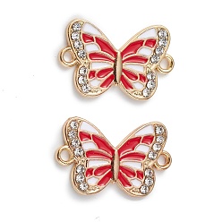 Red Alloy Enamel Connector Charms, Butterfly Links with Crystal Rhinestone, Light Gold, Cadmium Free & Nickel Free & Lead Free, Red, 21x13x1.7mm, Hole: 1.6mm