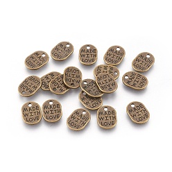 Antique Bronze Tibetan Style Alloy Pendants, Cadmium Free & Nickel Free & Lead Free, Oval with Word Made with Love, Antique Bronze, 11x8x2mm, Hole: 2mm