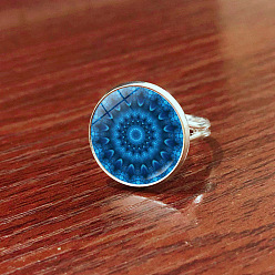Dodger Blue Glass Mandala Flower Finger Ring, Platinum Brass Flat Round Signet Ring for Women, Dodger Blue, US Size 8(18.1mm)