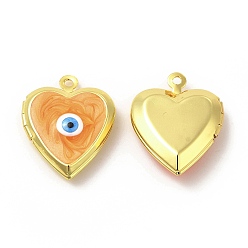 Orange Laiton pendentifs émail médaillon, réel 18 k plaqué or, plaqué longue durée, coeur avec le mauvais œil, orange, 21x17x5mm, Trou: 1.4mm, diamètre intérieur: 9.5x10 mm