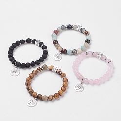 Mixed Stone Natural Gemstone Stretch Bracelets, with Alloy Pendants & Findings, Tree of Life & Om Symbol, Burlap Packing, 2-1/8 inch(5.3cm)