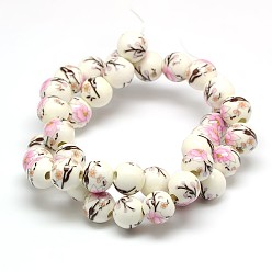 Pearl Pink Handmade Flower Printed Porcelain Ceramic Beads Strands, Round, Pearl Pink, 10mm, Hole: 2mm, about 35pcs/strand, 13.5 inch