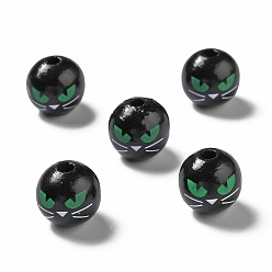 Black Halloween Spray Painted Wood Beads, Round with Green Cat Eye Pattern, Black, 15.5~16x14.5~15mm, Hole: 4mm