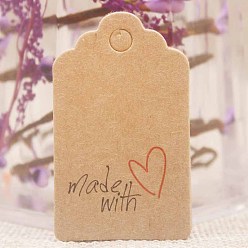 BurlyWood Etiquetas de regalo de papel, etiquetas de suspensión, para manualidades, para la boda, Día de San Valentín, rectángulo con la palabra hecha con amor, burlywood, 50x30x0.4 mm, agujero: 5 mm