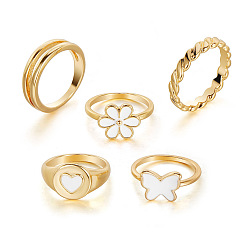 Oro Conjunto de anillos de dedo de diamantes de imitación de mariposa, flor y corazón con cuentas de perlas de imitación, anillos apilables de aleación de esmalte para mujer, dorado, diámetro interior: 17~18 mm, 5 PC / sistema