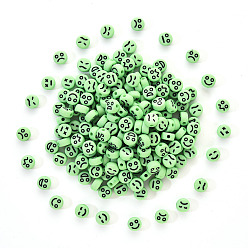 Pale Green Opaque Acrylic Beads, Flat Round with Black Random Expression, Pale Green, 7x4mm, Hole: 1.6mm, 200pcs/set