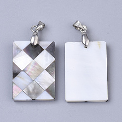 White Single-Sided Natural Black Lip Shell and White Shell Pendants, with Platinum Plated Random Brass Pendant Bails and Freshwater Shell, Rectangle, White, 29~31x19~21x2~3mm, Hole: 5~8x3~4.5mm