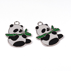 Black Alloy Enamel Pendants, Lead Free and Cadmium Free, Panda, Platinum Color, Black and White, Size: about 30mm long, 25mm wide, 2mm thick, hole: 3mm