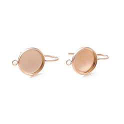 Rose Gold Ion Plating(IP) 304 Stainless Steel Dangle Earrings, Cabochon Settings, with Vertical Loop, Flat Round, Rose Gold, Tray: 12mm, 25.5mm, 19 Gauge, Pin: 0.9mm