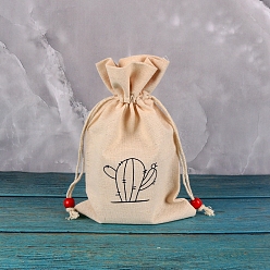 Кактус Прямоугольные хлопковые сумки для хранения с принтом, мешочки для упаковки на шнурке, кактус, 23x15 см