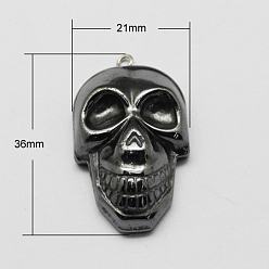 Black Non-magnetic Hematite Pendants for Halloween, Grade A, with Iron Findings, Skull, Black, 36x21x9mm, Hole: 2mm