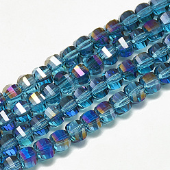 Teal Electroplate Glass Beads Strands, Rainbow Plated, Faceted, Round, Teal, 6x5x5mm, Hole: 1mm, about 95~96pcs/strand, 17.20 inch(43.7cm)