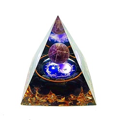 Obsidian Orgonite Pyramid Resin Display Decorations, with Natural Amethyst & Obsidian Chips Inside, for Home Office Desk, Dark Orchid, 60x60mm