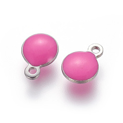 Hot Pink 304 Stainless Steel Enamel Charms, Enamelled Sequins, Flat Round, Stainless Steel Color, Hot Pink, 6.5x4.5x2.5mm, Hole: 0.8mm