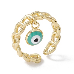 Turquoise Enamel Evil Eye Charm Open Cuff Ring with Enamel, Real 18K Gold Plated Brass Jewelry for Women, Lead Free & Cadmium Free, Turquoise, US Size 7 1/4(17.5mm)