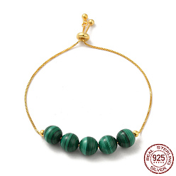 Real 18K Gold Plated 925 Sterling Silver Slider Bracelets, with Synthetic Malachite Round Beaded, with S925 Stamp, Real 18K Gold Plated, 8-5/8 inch(22cm)