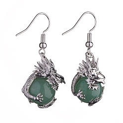 Green Aventurine Natural Green Aventurine Dragon Dangle Earrings, Platinum Brass Jewelry for Women, 42mm, Pin: 0.6mm
