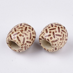 Blanched Almond Printed Natural Wood Large Hole Beads, Barrel, Lead Free, Blanched Almond, 16x14.5~16.5mm, Hole: 7.5mm