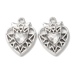 Clear Eco-Friendly Alloy Pendants, with Glass, Heart, Platinum, Clear, 20x15x4mm, Hole: 1.6mm
