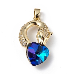 Blue Real 18K Gold Plated Rack Plating Brass Micro Pave Clear Cubic Zirconia Pendants, with Glass, Long-Lasting Plated, Cadmium Free & Lead Free, Leopard with Heart Charm, Blue, 28.5x17.5x8mm, Hole: 5x3.2mm