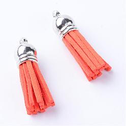 Tomato Faux Suede Tassel Pendant Decorations, with CCB Plastic Cord Ends, Platinum, Tomato, 35~37x10mm, Hole: 1.8mm