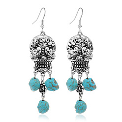Turquoise Alloy Skull Long Dangle Earrings with Synthetic Turquoise, Halloween Iron Jewelry for Women, Antique Silver, Turquoise, 80x20mm