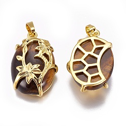 Tiger Eye Natural Tiger Eye Pendants, with Golden Tone Brass Findings, Oval with Flower, 32x20x9mm, Hole: 5x8mm