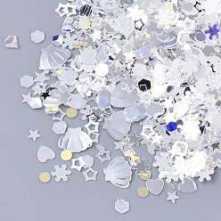 Silver Ornament Accessories, PVC Plastic Paillette/Sequins Beads, No Hole/Undrilled Beads, Mixed Shapes, Silver, 1.5~6.5x1.5~8x0.4mm