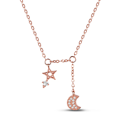 Oro Rosa Tinysand 925 collares con colgante de diamantes de imitación de luna y pentagrama de plata esterlina, oro rosa, 18 pulgada