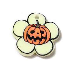 Flower Halloween Printed Acrylic Pendants, Pumpkin Pattern Charm, Flower, 20x21x2.5mm, Hole: 2mm
