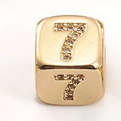 Number Brass Micro Pave Cubic Zirconia Beads, Cube with Number, Clear, Golden, Num.7, 8.5x8.5x8.5mm, Hole: 3.5mm