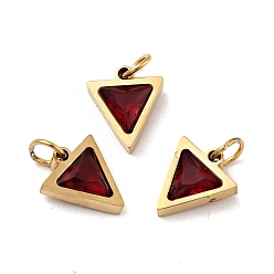 Dark Red Vacuum Plating 304 Stainless Steel Pendants, with Cubic Zirconia and Jump Rings, Single Stone Charms, Triangle, Golden, Dark Red, 11x9.5x3mm, Hole: 3.6mm