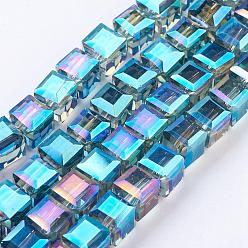 Medium Turquoise Electorplated Glass Beads, Rainbow Plated, Faceted, Cube, Medium Turquoise, 7x7x7mm, Hole: 1mm