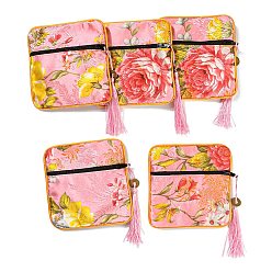 Pink Chinese Style Floral Cloth Jewelry Storage Zipper Pouches, Square Jewelry Gift Case with Tassel, for Bracelets, Earrings, Rings, Random Pattern, Pink, 115x115x7mm