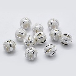 Silver 925 Sterling Silver Spacer Beads, Hollow Round, Textured Beads, Silver, 8mm, Hole: 1mm
