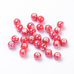 Rouge Orange Perles rondes nacrées de porcelaine à la main, rouge-orange, 8mm, Trou: 2mm