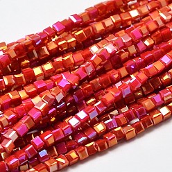 Rouge Cube à facettes plein arc-en-plaqué verre electroplate perles brins, rouge, 2.5x2.5x2.5mm, Trou: 0.8mm, Environ 185 pcs/chapelet, 15.7 pouce