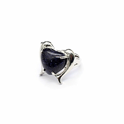 Blue Goldstone Synthetic Blue Goldstone Heart Adjustable Rings, Platinum Brass Ring, US Size 8(18.1mm)