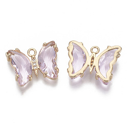 Pink Glass Pendants, with Micro Pave Cubic Zirconia and Brass Open Back Settings, Faceted, Butterfly, Light Gold, Pink, 15.5x20x4mm, Hole: 1.8mm