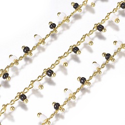 Colorful Handmade Seed Beaded Chains, Soldered, with Spool, with Real 18K Gold Plated Brass Findings, White & Black, 1.8~2.5mm, about 32.8 Feet(10m)/roll