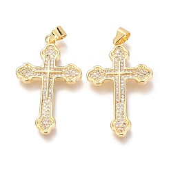 Real 18K Gold Plated Brass Micro Pave Clear Cubic Zirconia Pendants, Cross, Real 18K Gold Plated, 32x20x3mm, Hole: 3mm