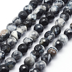 Noir Brins de perles d'agate craquelée de feu naturel à facettes, ronde, teints et chauffée, noir, 8mm, Trou: 1mm, Environ 47 pcs/chapelet, 14 pouce (35.6 cm)