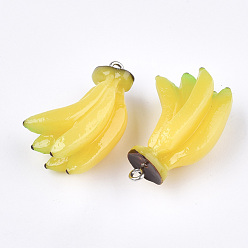 Yellow Resin Pendants, with Platinum Tone Iron Findings, Imitation Food, Banana, Yellow, 33~34x19x15mm, Hole: 2mm